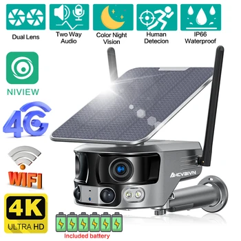 4G SIM 4K 8MP Двухобъективная Wifi IP-Камера на Открытом воздухе Со Сверхшироким Углом обзора 180 ° Панорамная Камера Видеонаблюдения С Обнаружением Человека Видеонаблюдение