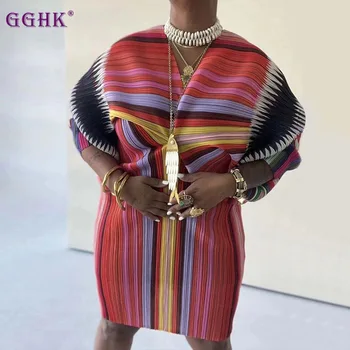 GGHK Miyake Плиссированное Женское Платье В полоску С Принтом, V-образный вырез, Рукав 