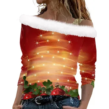 Женская футболка, красные рубашки с рождественским принтом для женщин, элегантный свободный пуловер с длинным рукавом, футболка с открытыми плечами, сексуальные топы