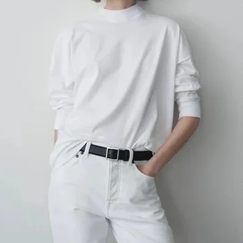 Осенне-зимняя новинка 2023 года, Базовая модель из хлопка с длинным штапелем, Маленькая Водолазка, Черно-белая двухцветная футболка с длинными рукавами